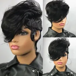 Pixie Cut Wigs for Black Women Human Hair Glueless Bob Wig Short Human Hair Wig Layered None Lace Front Wig with Bangs Natural Straight Full Machine Made 180%