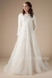 Vestidos novos vestidos de noiva modestos de renda árabe vintage com mangas compridas Alined renda Apliques Temple LDS Vestido de noiva Custom