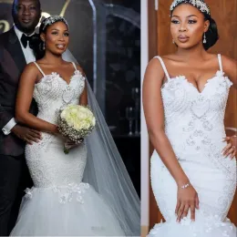 Vestidos 2021 modestos africanos plus size vestidos de noiva sereia vestidos de noiva espaguete tiras sexy de renda de cristal de cristal