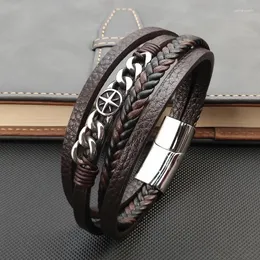 Charm Armband Classic Men's Multi-Layer Leather Armband Hexagram Punk Stainless Steel Magnet Clasp Bangle Mane Skull Bead smycken gåvor