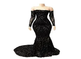 Sparkly paljett Black Mermaid Prom Dresses 2020 Off the Shoulder Long ärms Evening Party Gowns Sop Train African Arabic Form4409179