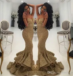 Nuovo designer Gold Mermaid Evening Dresses 2023 Spaghetti Spaghetti Abiti da ballo aperti con paillettes abiti a strati per concorsi a strati 3039279