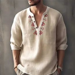 Men's T-Shirts Mens Vintage Bohemian Printed Long sleeved Casual Button Shirt Loose Henry V-neck Beach Top Hawaiian T-shirt J240402