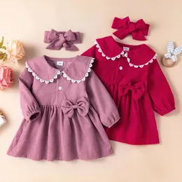 Kleidungssets 2pcs Herbst und Winter Baby Girl Rose Cord-Spitzenknopfkleid mit Bugstadband Accessoires Kinderanzug 3m-24m