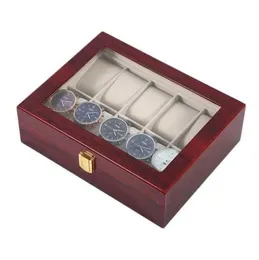 10 Gitter Retro Red Wooden Watch Display Hülle Langlebige Verpackungshalter Juwely Kollektion Aufbewahrungswache Organizer Box Sarg T200529185130