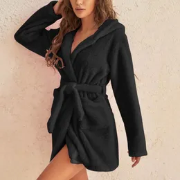 Home Clothing Soid Farbe warme Wintergewänder für Damen Plüsch Pyjama Robe mit Gürtel Frauen Kapuze Homewear Bademantel Nachtwäsche