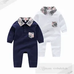 Vår spädbarn barngitter rompers nyfödda pojkar flickor lapel långärmad jumpsuits designer babykläder bomull mjuk z7536