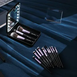 Cosmetic Brush Set With Lightable Mirror Case Soft Bristles Facial Makeup Smudge Tool For Daily Using 240403