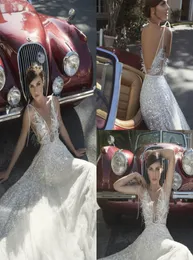 2019 Berta Beach Wedding Dresses Deep V Neck Bling Speicins Beading Sexy Backless Dress Feather Custom Made Boho Bridal Gow7187043