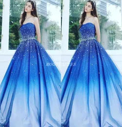 Gradient Royal Blue Quinceanera Dresses 2019 Strapless Sweep Train Crystal Beads Prom Party Gowns For Sweet 15 vestido de 15 anos 4373263