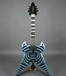 Anpassad Zakk Wylde Flying V Metal Blue Burst Black Bullseye Electric Guitar Mop Block Inlay EMG Pickups String Thru Body Bridge5610798