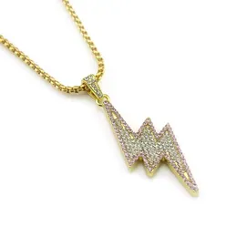 Hip Hop Rhinestones Paded Bling Iced Out Lightning Pendants Necklace for Men Merper Jewelry Gold Silver Color Drop 240407