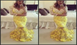 2022 Golden Beadings kväll med långa ärmar Applices Yellow Formal Dress Deep V Neck Mermaid Style Prom Dresses Red Carpet Dre9152333