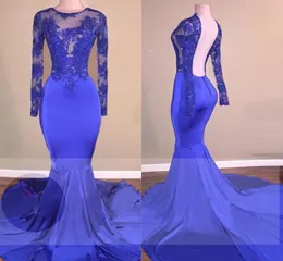 vestidos de baile de estilo de sereia azul royal com mangas de pescoço de pescoço tampo de renda formal formal