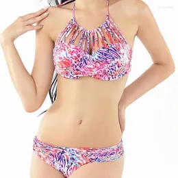 Kadın Mayo 2024 Varış Neon Floral Mayo Yüksek Boyun Bölünmüş Bikini Set Altbilgi Yukarı Push Up Binds Örgü Mayo Takımları 2 PCS