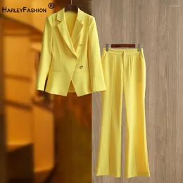 여자 2 피스 바지 스프링 신선한 노란색 여성 정장 고급 세련된 2pcs Blazer Set High Street 뛰어난 컬렉션 여성