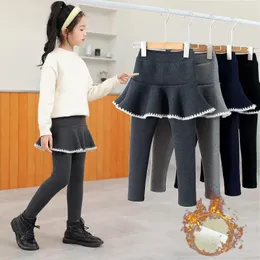 Byxor 3-10 år flickor vinterbyxor bootcuts fleece leggings för barn tjocka varma falska två stycken culotte barn kjolbyxor