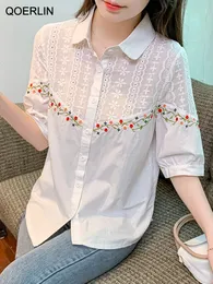 Camisetas bordadas de Qoerlin s3xl Mulheres de manga curta Summer Hollow Out Tops Tops Blusa elegante Botão de camisa solitária 240407