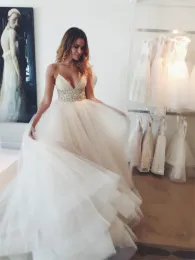 Kleider Strand Brautkleider bescheidene Spaghetti -Riemen -Flügel -Perlen Pailletten billige Brautkleid Tulle Tutu Schichten Reißverschluss Biegen Böhmen Hochzeit G