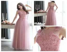 Chic ALine Tulle Long Prom Dresses Floor Length Lace Applique Pearls Inexpensive Homecoming Dress Open Back Pink Evening Gowns3768418