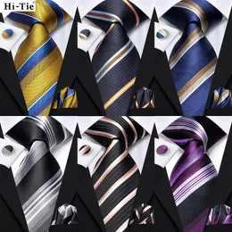 Бобовые галстуки Hi-Tie Men Fashion Lotsed Mavy Blue Swartie Handkercheef Hooflinks для Tuxedo аксессуар Классический шелковый роскошный галстук