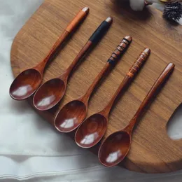 Spoons 20CM Handmade Wooden Spoon Wrapped Wire Large Dessert Rice Soup Long Handled Kids Wood Mixing Kitchen Tool