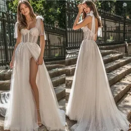 مثير البلد بيرتا A Line Beach Wedding Dresses Spaghetti Lace Glitter Side Split Sweep Train Boho Wedding Dress Press Plus Size 7073684