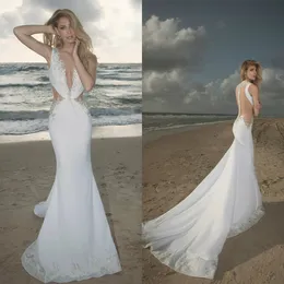 Bohemian Deniz Kızı Gelinlikleri V Boyun Gelin Gowns Dantel Aplikler Plaj İnce Özel Yapımı Kolsuz Süpürmez Tren Vestidos De Novia