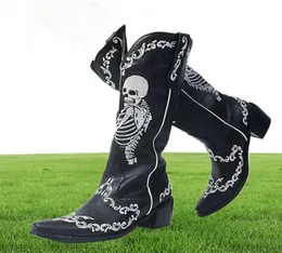 Donne Skeleton Skeleton Selfie Cowboy Western Mid Calf Stivali puntati di punta di punta tacco goth goth punk autunno designer di marchi Y1771248