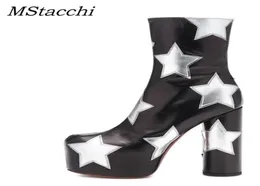 MSTACCHI Платформа лодыжка для женщин для женщин роскошные печатные звезда действительно кожаные туфли на высоких каблуках Женщина круглой каблуки Botines Mujer 2011058218085