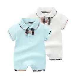 Summer Toddler Kids Plaid Bows Tie Rompers Designer Baby Clothing Spädbarn Tjejer Girls Lattice Lapel Kort ärm Soft Bekväma jumpsuits Z7543