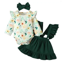衣類セット幼児の女の赤ちゃん3ピース衣装の葉の花柄の長袖ロンパーソリッドカラーフリルストラップスカートヘッドバンドセット