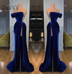 Chic Royal Blue OffTheSoulder trägerloser Abendkleider Scheide hohe Oberschenkel Split Long Prom Party Kleider mit Perlen Taille Vestido8039122