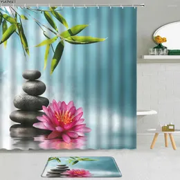 シャワーカーテン2PCSデザートストーンカーテンクリエイティブパターンZen Green Bamboo Fabric Bath Screen Non-Slip Matバスルームセットの装飾