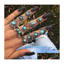 Band Rings 11Pcs/Set Bohemia Boho Retro Ring Set Vintage Turquoise Sier Color For Women Jewelry Wholesale Factoy Direct Wedding Gift Dhvzq