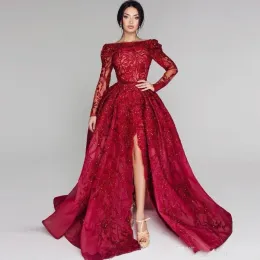 Elbiseler koyu kırmızı illüzyon uzun kollu balo elbise uzun boncuklar dantel payetler shinning ön bölünmüş akşam elbise seksi özelleştirilmiş ünlü p