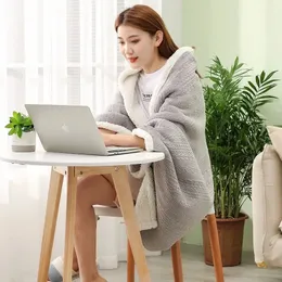 Blanket Wearable Flannel Plush Shawl Heating Plaid on The Sofa Warm Blanket Hoodie Winter Office Cover Leg Blanket Scarf Women