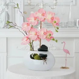 Dekorative Blumen High-End Phalaenopsis Künstliche Blumenblumen-Topf-Set Wohnzimmer El Bonsai