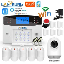 키트 Tuya Wi -Fi Smart Home Alarm System GSM 보안 강도 경보 433MHz 무선 도어 창 연기 가스 누출 탐지기 물 누설