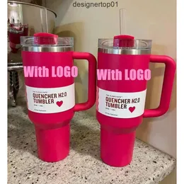 Stanleliness ABD Stock 40oz Söndürücü Tumbler Pembe Kobrited Cosmo Parada Flamingo Paslanmaz Çelik Sevgililer Günü Silikon Saplı Kapak ve Saman C 2BK3