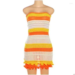 Basic Casual Dresses Orange Striped Knitted Tube Women Summer 2024 Fashion Y Hollow Out Backless Strapless Ruffles Mini Bodycon Sundre Dhkec