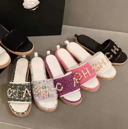 Designers kanaliserar sandaler kvinnor tweed läder halmglas för killägenhet mode strand mule varumärke svart och vit casual portability