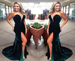 Simple Long Mermaid Prom Dresses Elegant Strapless Emerald Dark Green Robe De Soiree Sexy High Split Gown Evening Prom Dress1110949