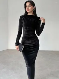 Casual Dresses 2024 Spring Elegant O-Neck Folds Mid-Calf Velvet For Women Long Sleeve Tunics High midje Bodycon Evening Party Dress