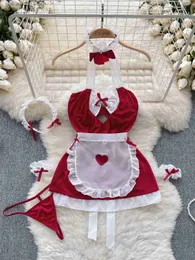 Сексуальный набор Maidservant Cosplay Erotic Valentines Day Nightdress Sweet Sexy Dress Suits Halter Hollow Out Porn Nightwear+Thongs L2447
