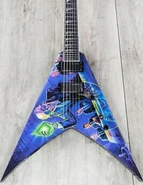 Handverk Dave Mustaine Rust in Peace Blue Flying V Electric Guitar Active Pickups 9V Battery Box Black Hardware Fin Inla6138865