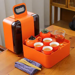 Teware Sets Lucky Persimmon Seramik Seyahat Çay Seti Bir Pot Dört Bardak Üst Düzey Açık Mekan Taşınabilir