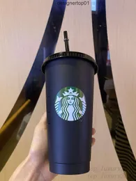 Staneliness Starbucks 24oz/710 ml Plastic Tumbler återanvändbar svart dricka platt botten kopp pelare form lock halm mugg wewf