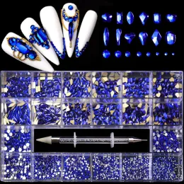 Scrubber 1Box AB/Red/Blue/Gold Nail Rhinestones Multishape+okrągłe kamienie SS3SS12+1PC Dotowanie długopisowe na 8000 pCS Flatback Diamond*