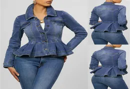 Kadınlar denim ceket fırfır etek kenarı ince fit kadınlar kısa kot ceketler ceket vintage geri dönüş kot ceket dış giyim femme d30 20116875278